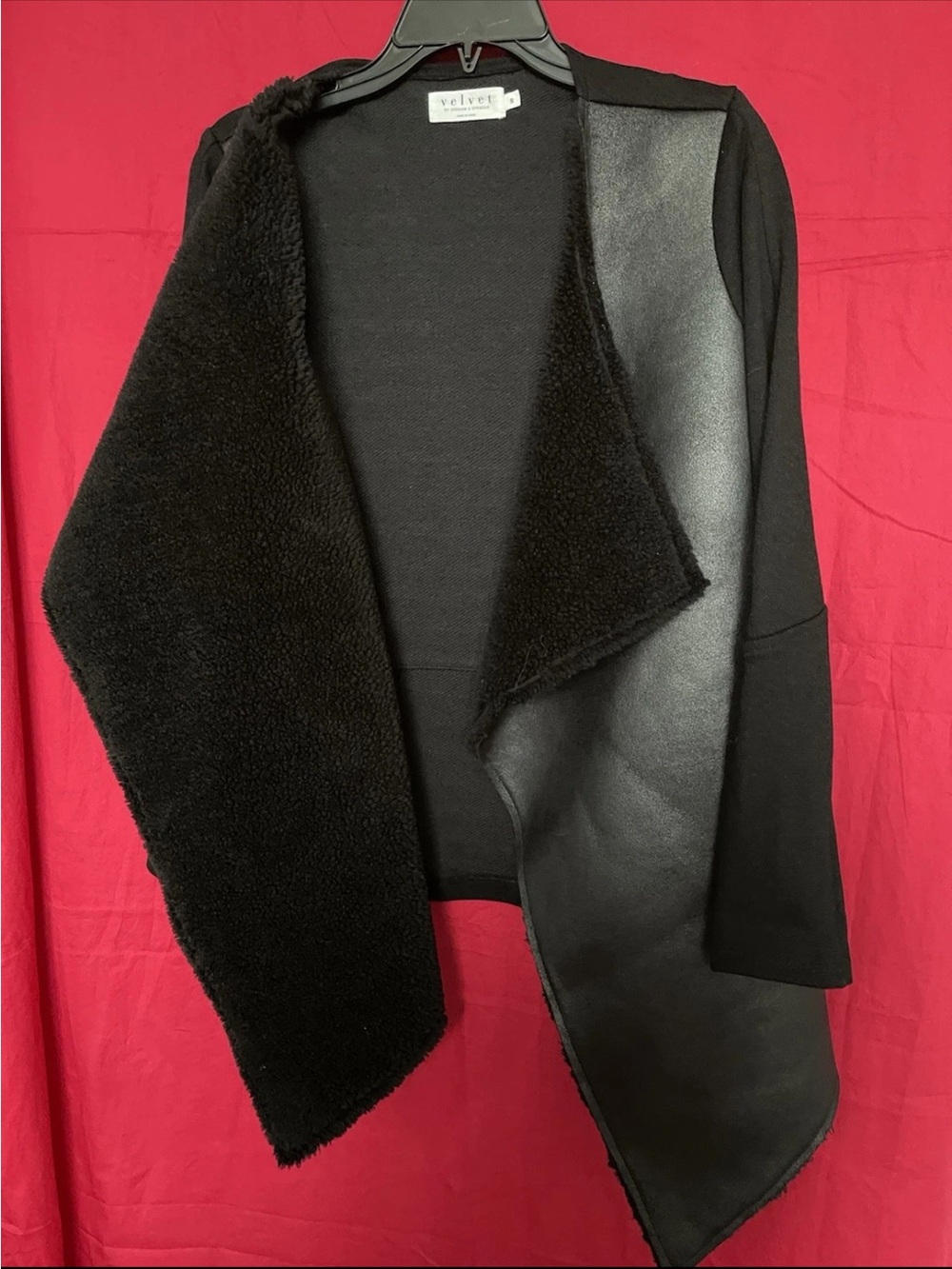Black Faux-Shearling Open Front Sweater